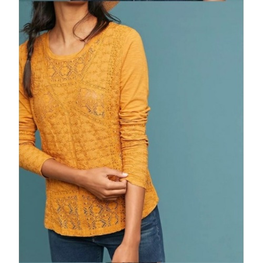 Anthropologie Eze Sur Mer Mustard Yellow Crochet Cotton Long Sleeve Top Sz Large